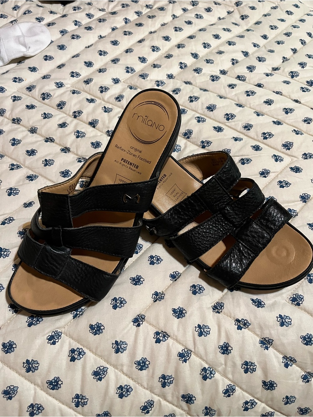 Milano Black Leather Triple-Strap Slide Mules